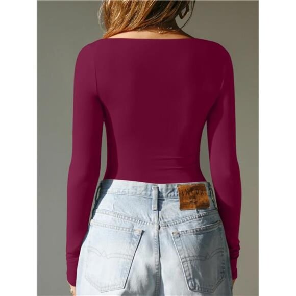 Women's Boat Neck Long Sleeve Bodysuit Burgundy - Picture 3 of 5